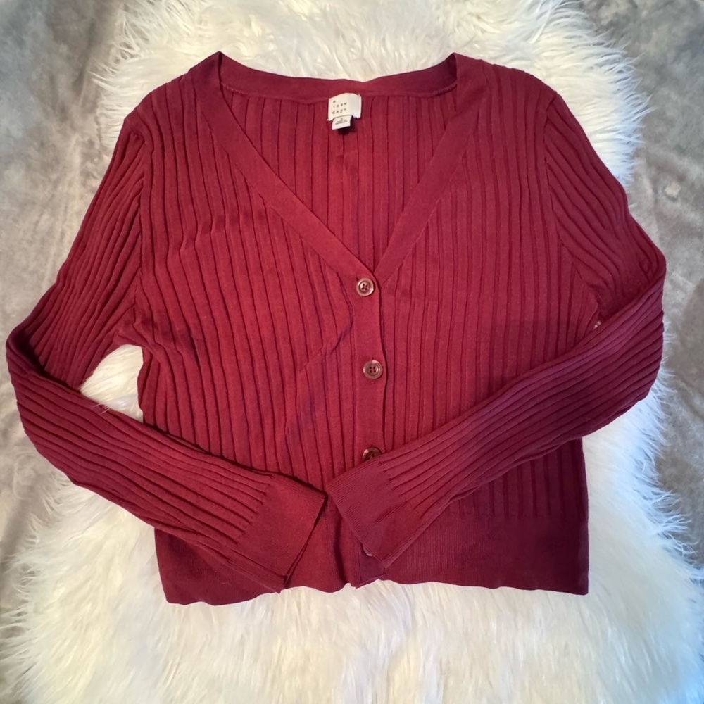 a new day Deep Red Ribbed Cardigan